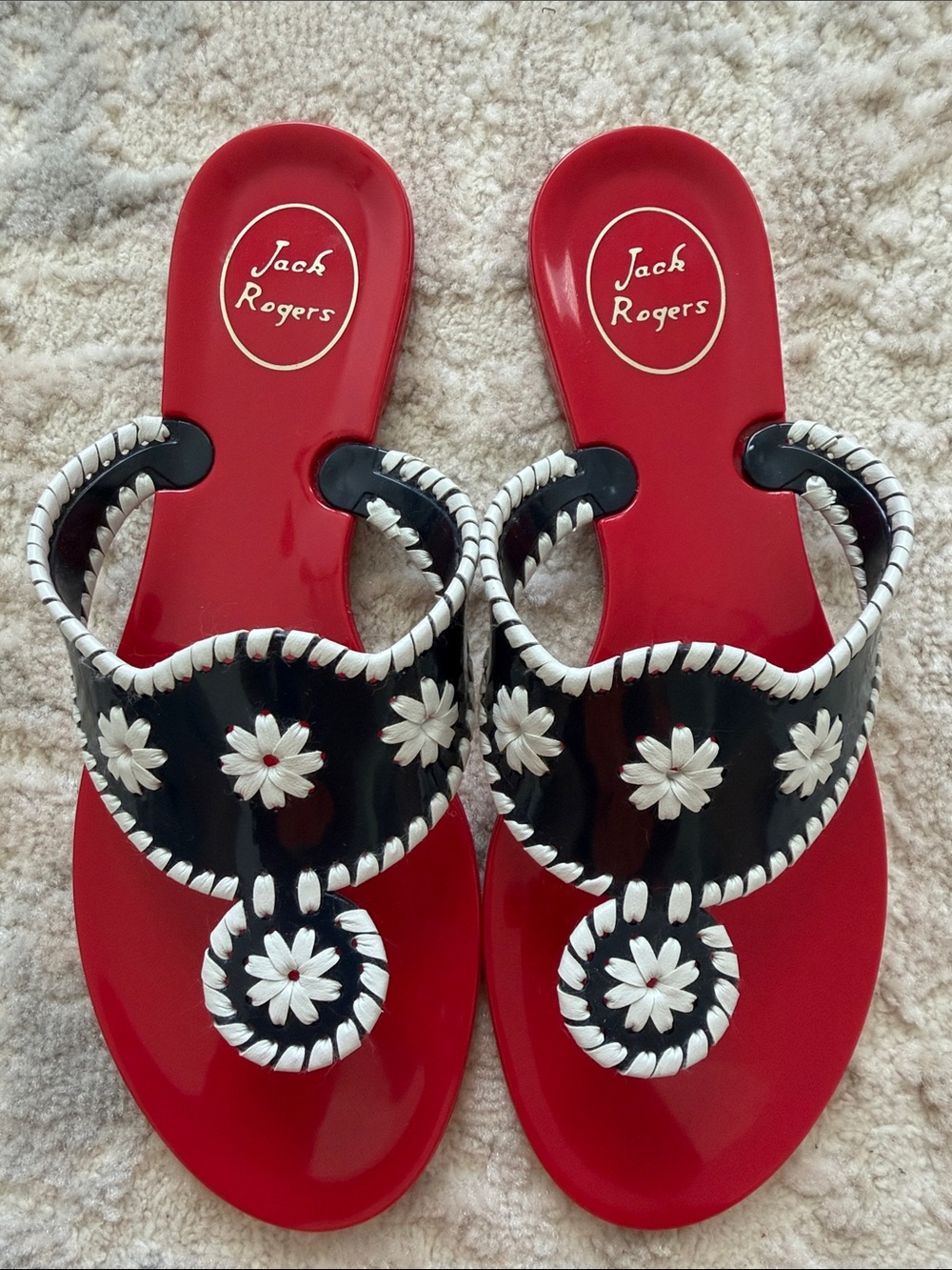 Jack Rogers Red and Black Floral Thong Sandals with White Embroidery